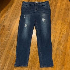 Cleo Medium Blue Women's Straight Leg Jeans with Distressed Patches